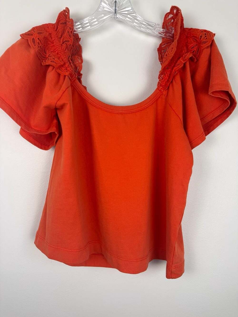 Pilcro Anthropologie Orange Lace Trim Flutter Sleeve Top Size S